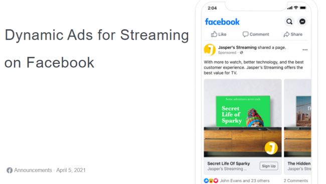 Facebook запустил динамическую рекламу для платформ потокового видео